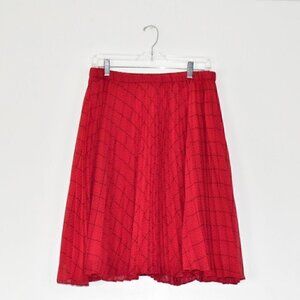 ELLE Pleated Swingy Skirt Red Black Dots Size L
